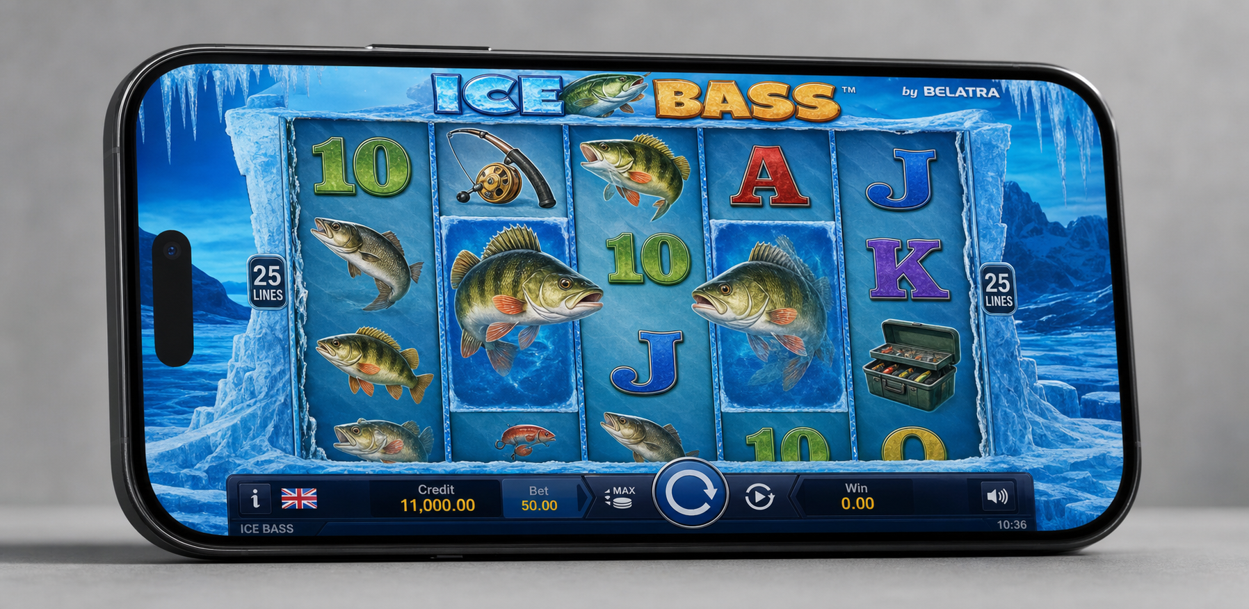 Ice Bass gameplay screenshot - Fisherman Wild collecting fish multipliers on the reels